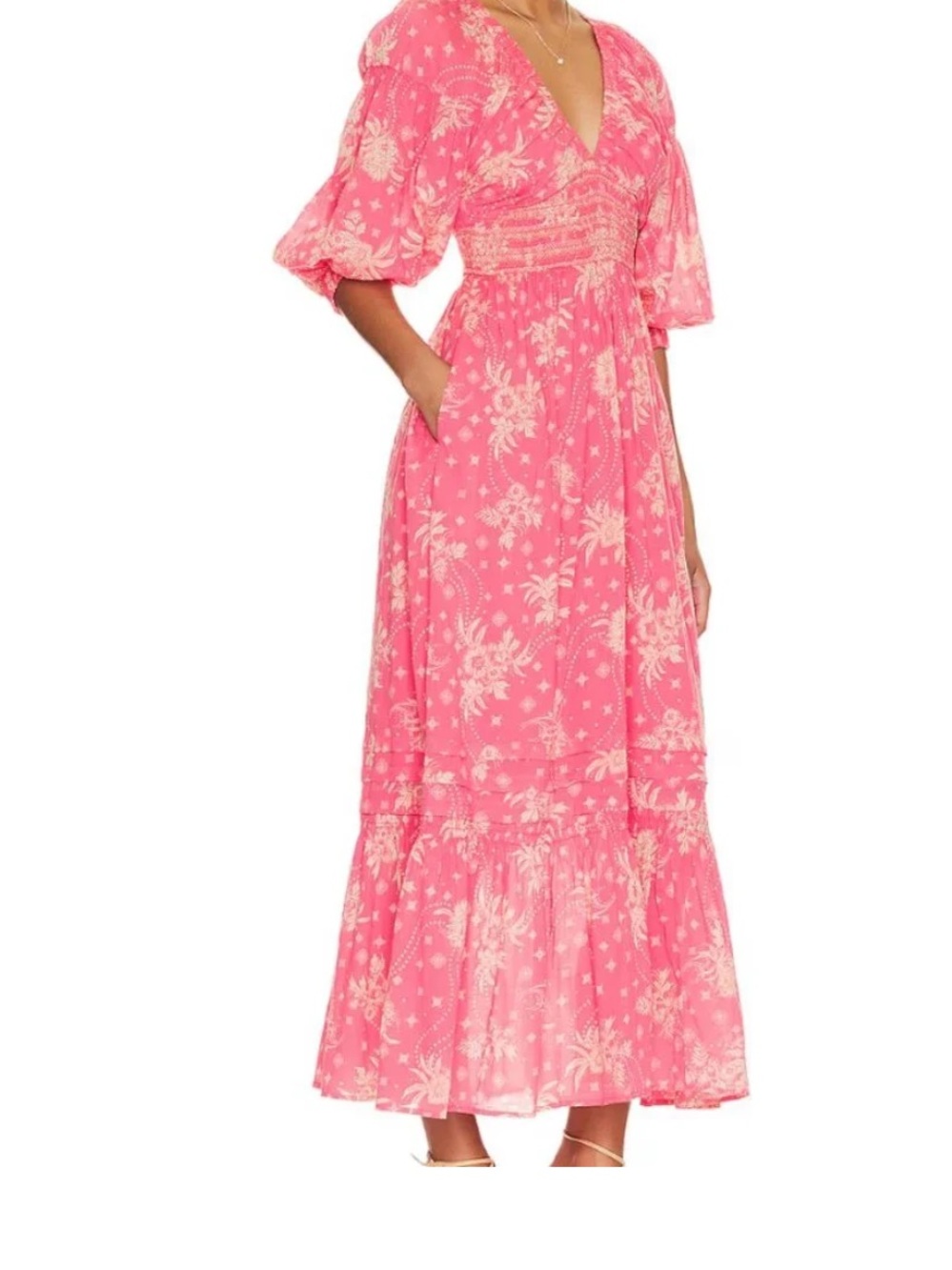 Free People Coral-Pink Floral Maxi Dress with Puff Sleeves